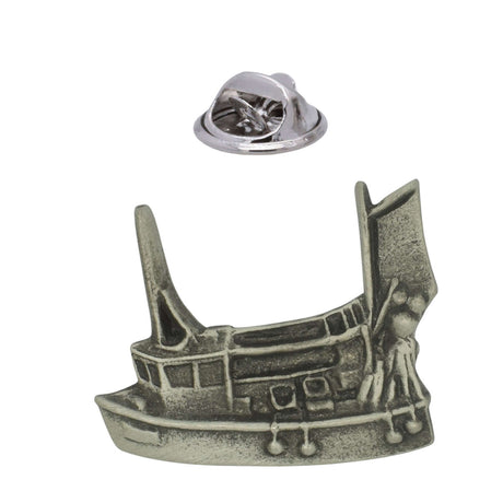 Traditional fishing trawler pewter lapel pin badge with fishing boat rigging and butterfly clasp