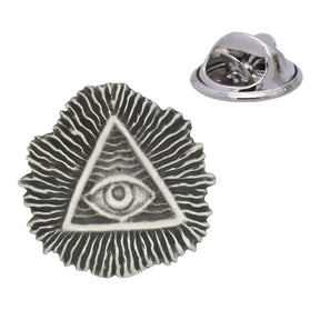 All Seeing Eye pewter lapel pin badge with eye inside triangle and radiating rays, antique silver finish, butterfly clasp