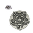 Tudor Rose pewter lapel pin badge with five-petal rose motif in antique silver finish and butterfly clasp