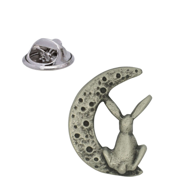 Moon gazing hare pewter lapel pin with seated hare facing crescent moon, antique silver finish and butterfly clasp