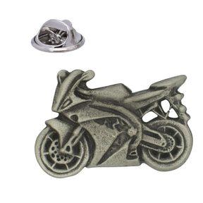 Sport motorcycle pewter lapel pin badge showing fairing wheels and butterfly clasp