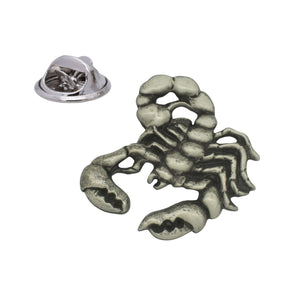Scorpion pewter lapel pin badge with curled segmented tail, pincers and butterfly clasp