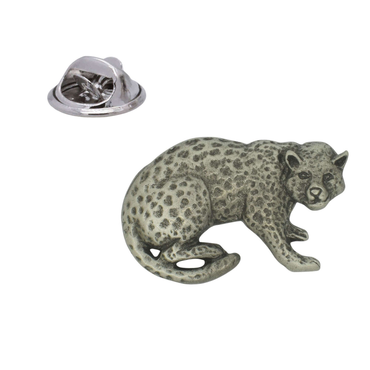 Leopard pewter lapel pin badge with spotted coat and curved tail, shown with butterfly clasp