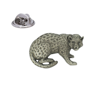 Leopard pewter lapel pin badge with spotted coat and curved tail, shown with butterfly clasp