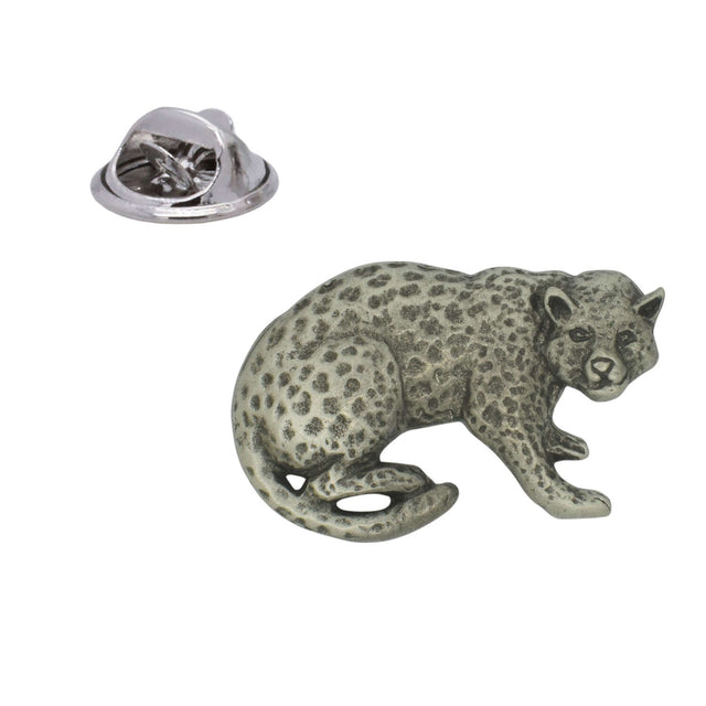 Leopard pewter lapel pin badge with spotted coat and curved tail, shown with butterfly clasp