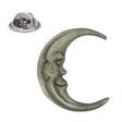 Crescent moon with smiling face pewter lapel pin badge, antique silver finish, with butterfly clasp