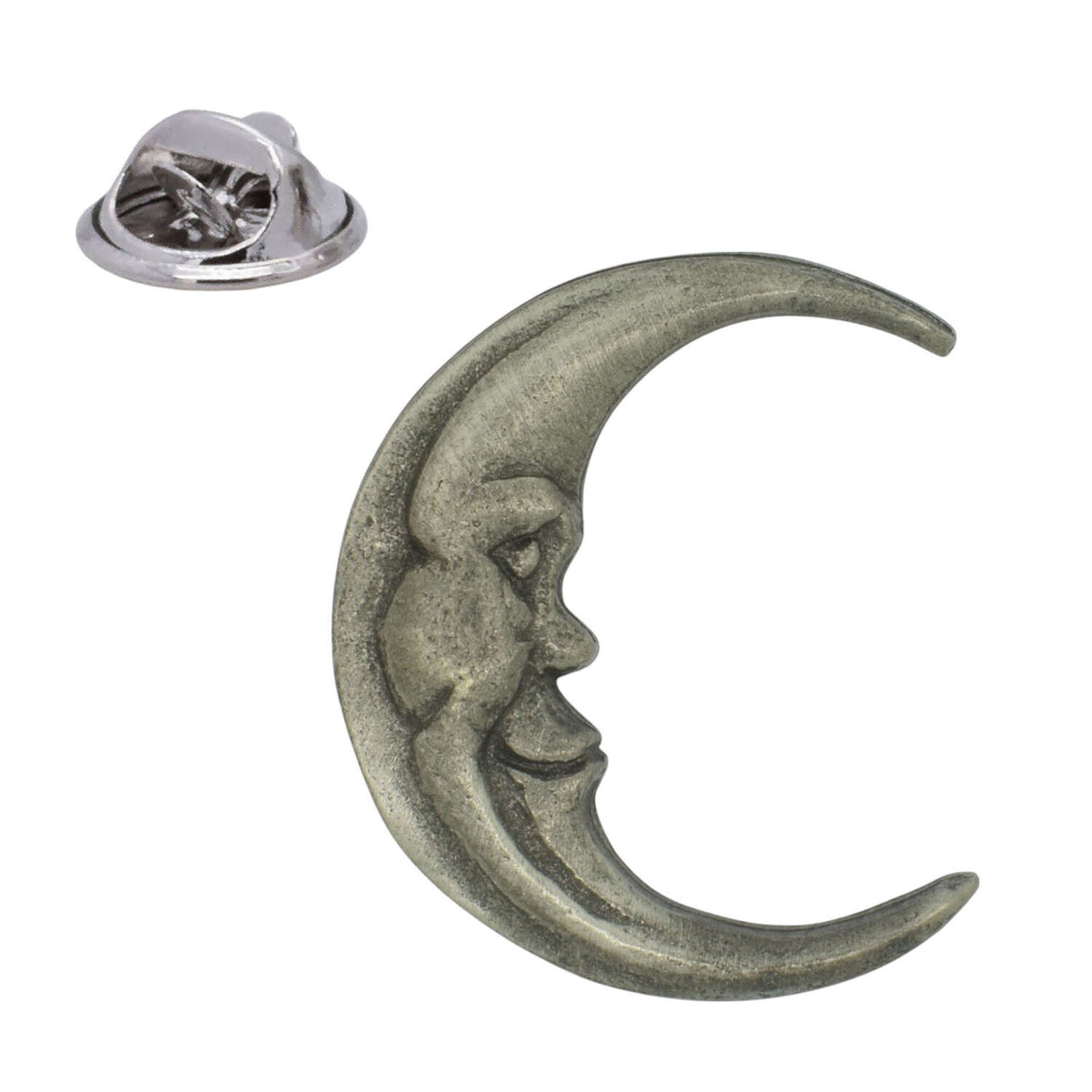 Crescent moon with smiling face pewter lapel pin badge, antique silver finish, with butterfly clasp