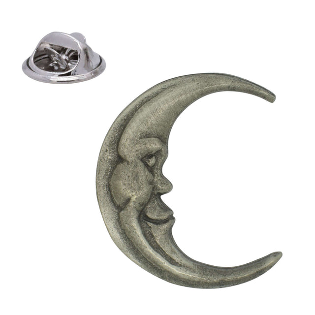 Crescent moon with smiling face pewter lapel pin badge, antique silver finish, with butterfly clasp