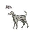 Dalmatian dog pewter lapel pin badge with spotted coat and curved tail, shown with butterfly clasp