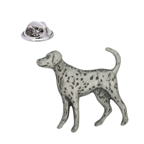 Dalmatian dog pewter lapel pin badge with spotted coat and curved tail, shown with butterfly clasp