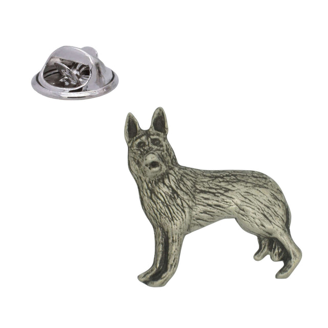 German Shepherd Alsatian dog pewter lapel pin badge with upright ears, textured coat and butterfly clasp