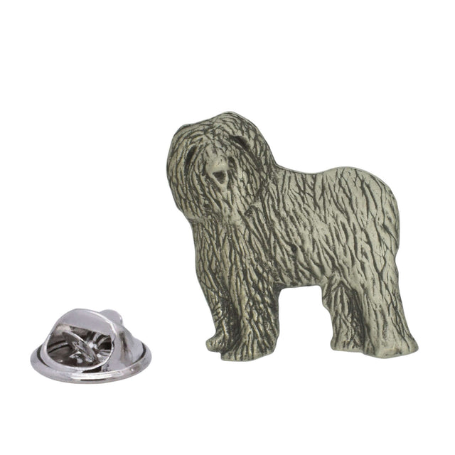 Old English Sheepdog pewter lapel pin badge with long shaggy coat and butterfly clasp