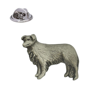 Border Collie dog pewter lapel pin badge with textured coat, standing in profile, and butterfly clasp