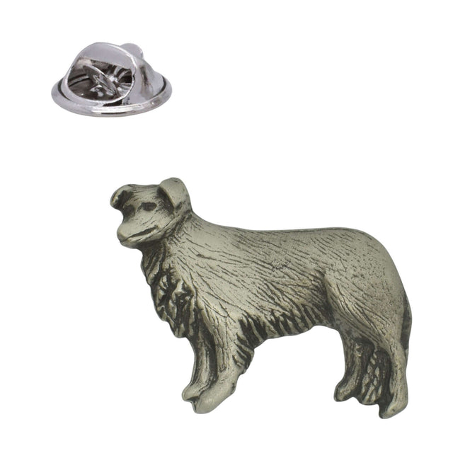 Border Collie dog pewter lapel pin badge with textured coat, standing in profile, and butterfly clasp