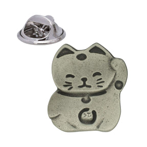 Lucky beckoning cat Maneki Neko pewter lapel pin badge with raised paw, collar and butterfly clasp