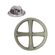 Celtic sun cross pewter lapel pin badge with equal armed cross inside circular ring and butterfly clasp