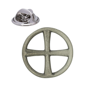 Celtic sun cross pewter lapel pin badge with equal armed cross inside circular ring and butterfly clasp