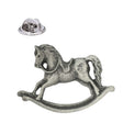 Antique silver pewter rocking horse lapel pin badge showing a traditional toy horse on curved rockers and a butterfly clasp