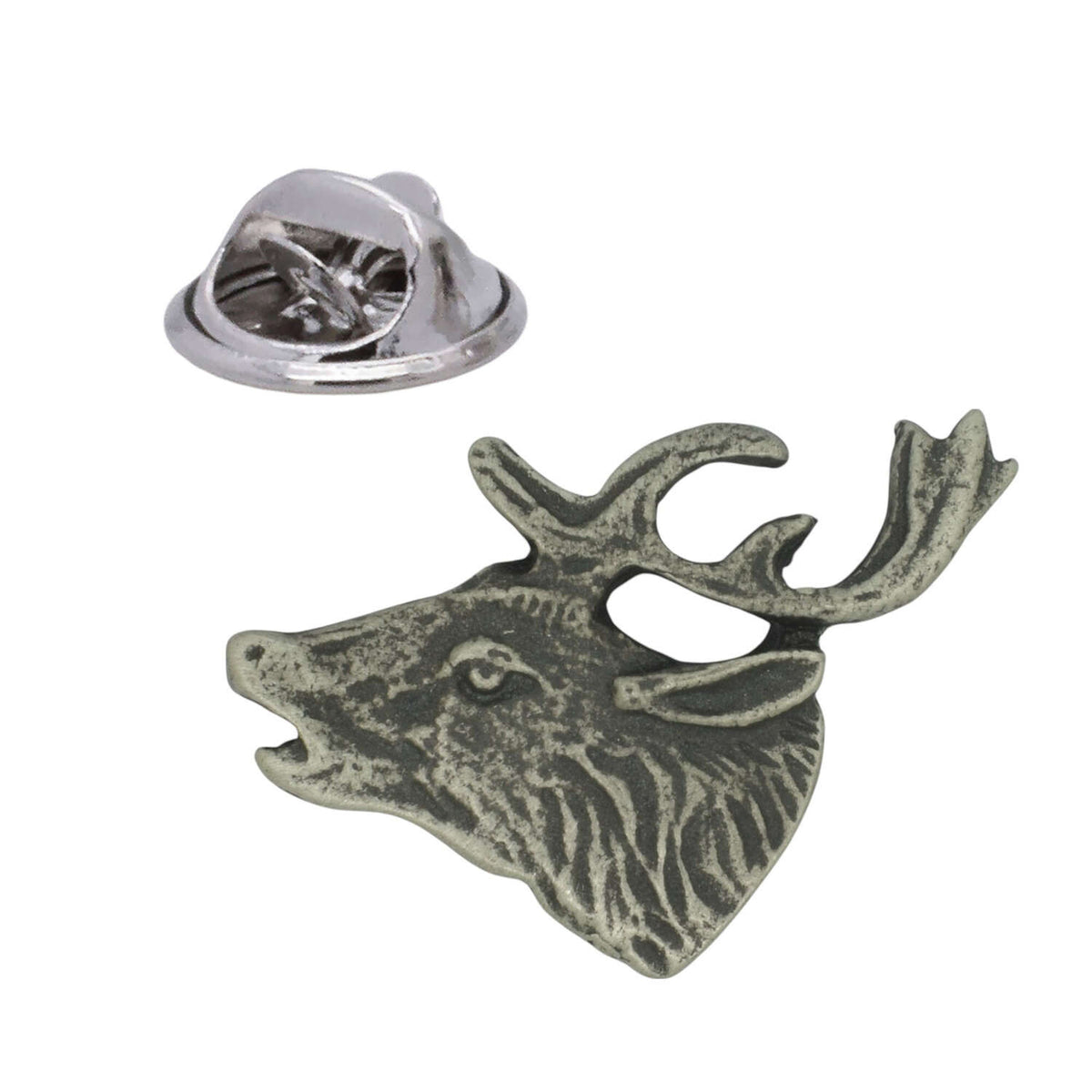 Stag deer head pewter lapel pin badge in profile with branching antlers and butterfly clasp