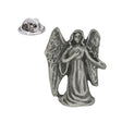 Pewter angel lapel pin with open wings, flowing robe and one arm extended, shown with butterfly clasp