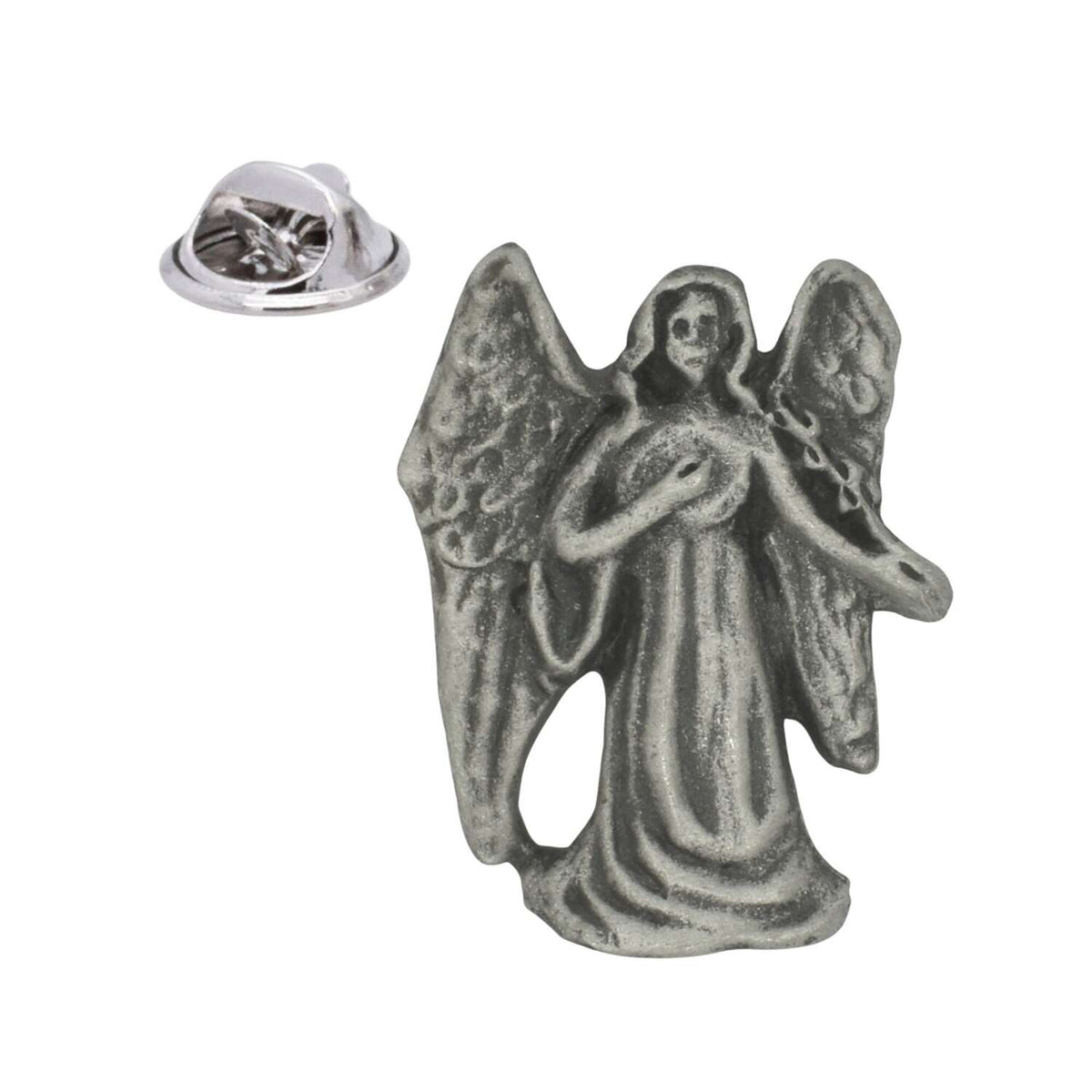 Pewter angel lapel pin with open wings, flowing robe and one arm extended, shown with butterfly clasp