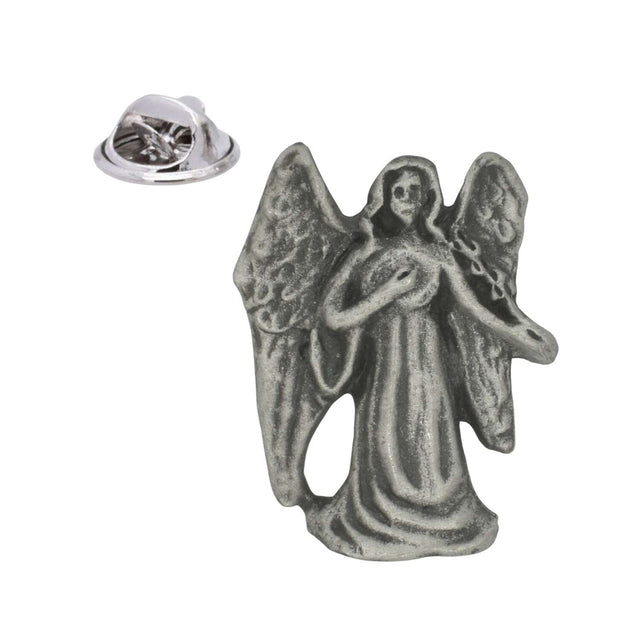 Pewter angel lapel pin with open wings, flowing robe and one arm extended, shown with butterfly clasp