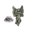 Pewter angel lapel pin badge with large spread wings and hands holding a wreath, with butterfly clasp