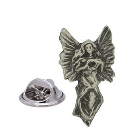 Pewter angel lapel pin badge with large spread wings and hands holding a wreath, with butterfly clasp