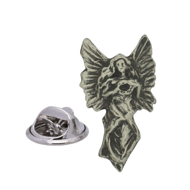 Pewter angel lapel pin badge with large spread wings and hands holding a wreath, with butterfly clasp