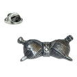 Pewter wool lapel pin badge featuring two crossed balls of yarn with knitting needles and butterfly clasp