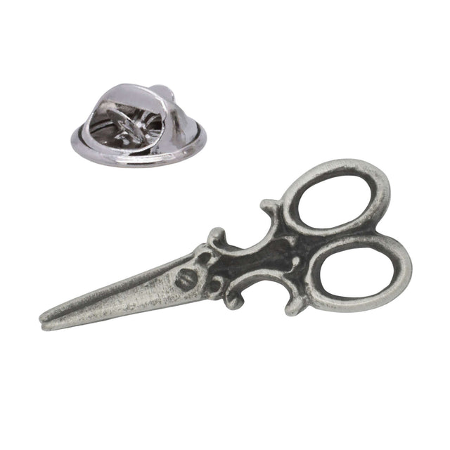 Antique silver finish pewter scissors lapel pin badge with decorative handles and butterfly clasp