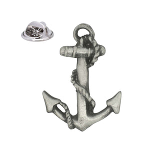 Pewter nautical anchor lapel pin badge with rope wrapped around the shank and butterfly clasp