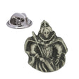 Queen Elizabeth I pewter lapel pin badge with ornate Tudor dress, ruff collar and sceptre, pictured with butterfly clasp