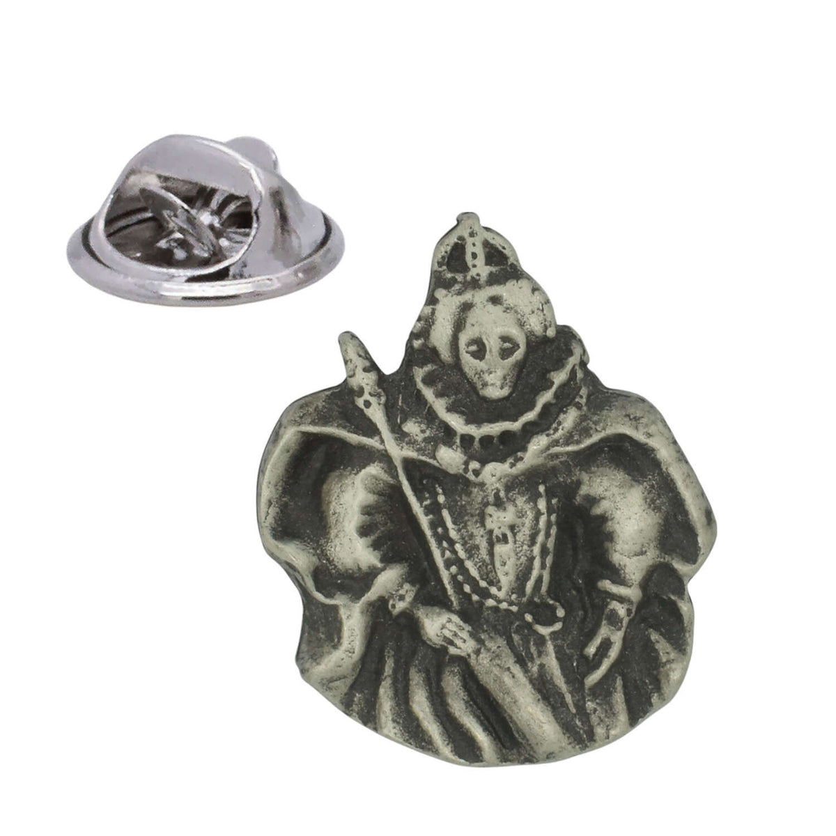 Queen Elizabeth I pewter lapel pin badge with ornate Tudor dress, ruff collar and sceptre, pictured with butterfly clasp