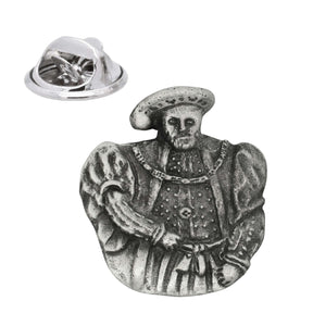 King Henry VIII pewter lapel pin badge in Tudor hat and ornate robes, shown with butterfly clasp