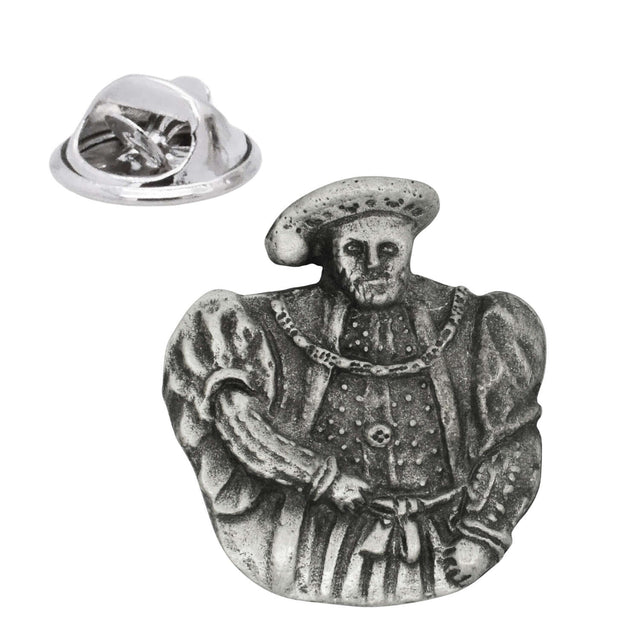 King Henry VIII pewter lapel pin badge in Tudor hat and ornate robes, shown with butterfly clasp
