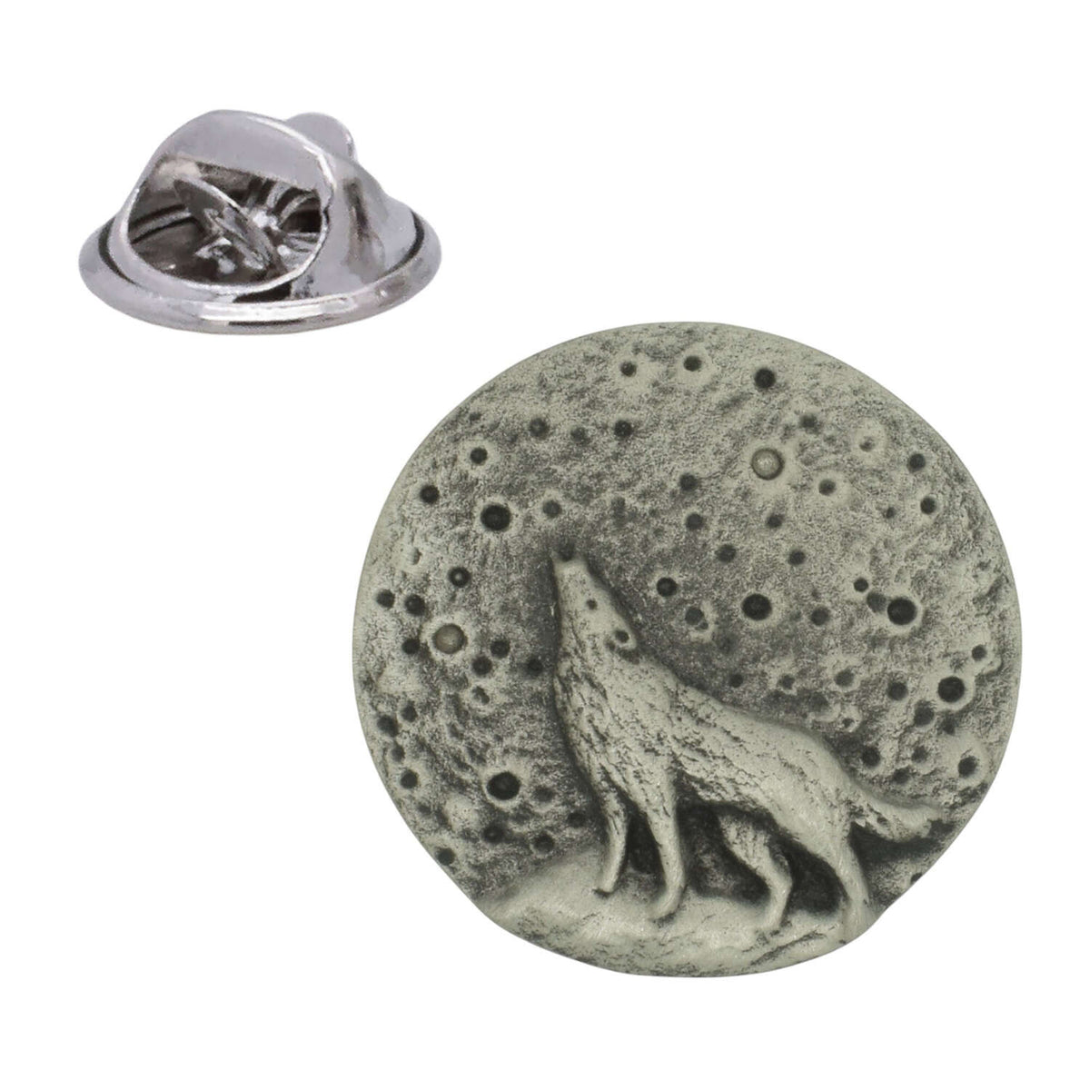 Circular pewter lapel pin showing a howling wolf silhouetted against a cratered full moon, with butterfly clasp