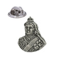Queen Victoria pewter lapel pin badge depicting the monarch wearing a crown, sash and ornate jewellery, with butterfly clasp