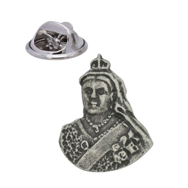 Queen Victoria pewter lapel pin badge depicting the monarch wearing a crown, sash and ornate jewellery, with butterfly clasp