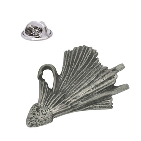 Fishing fly lure pewter lapel pin badge with detailed feather wings, hook and butterfly clasp