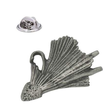 Fishing fly lure pewter lapel pin badge with detailed feather wings, hook and butterfly clasp