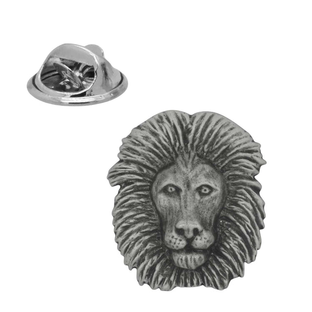 Lion head pewter lapel pin badge with detailed mane and butterfly clasp