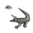 Crocodile pewter lapel pin badge with open jaws, curved tail and butterfly clasp
