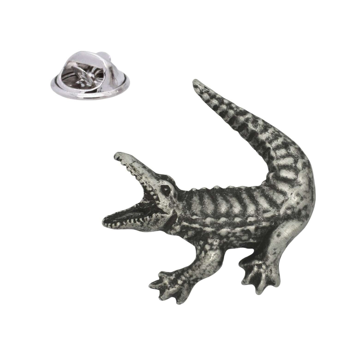 Crocodile pewter lapel pin badge with open jaws, curved tail and butterfly clasp