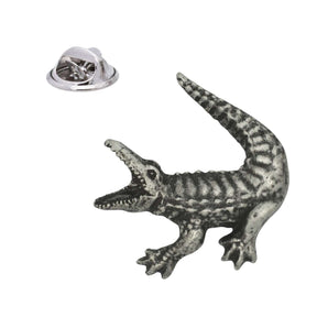 Crocodile pewter lapel pin badge with open jaws, curved tail and butterfly clasp