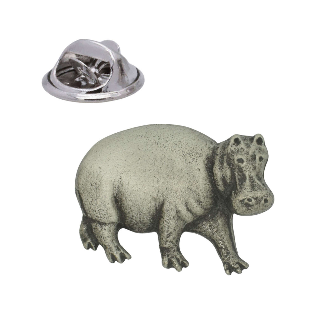Hippopotamus pewter lapel pin badge with antique silver-coloured finish and butterfly clasp