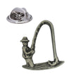 Pewter fishing lapel pin badge depicting an angler holding a curved fishing rod, with butterfly clasp