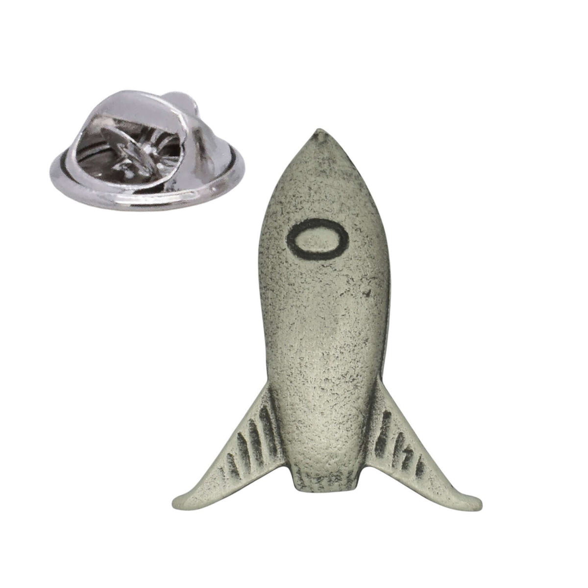 Skyrocket retro rocket pewter lapel pin badge with fins and butterfly clasp