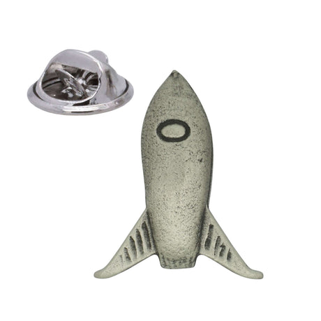 Skyrocket retro rocket pewter lapel pin badge with fins and butterfly clasp