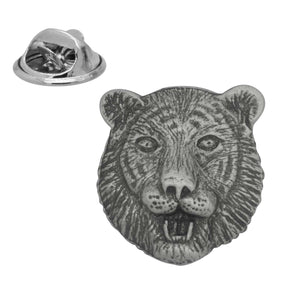 Tiger head pewter lapel pin badge with striped face, visible fangs and butterfly clasp